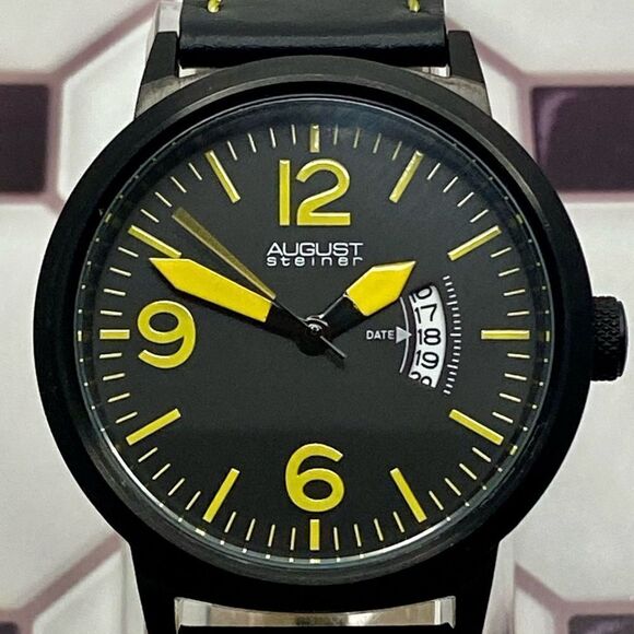 August Steiner Bold Black & Yellow Watch Leather Strap Contrast Stitching - Picture 2 of 16